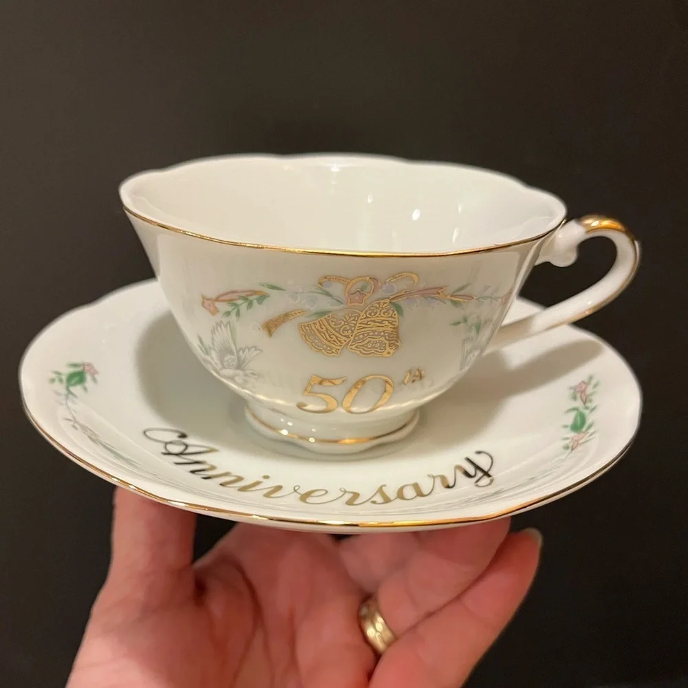 Vintage 1984 Lefton 50th Anniversary Teacup and Saucer Made in Japan